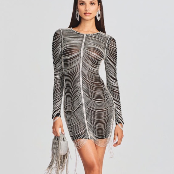 RETROFETE Jacqueline Black Crystal Embellished Mini Dress Long Sleeve Rhinestone - Picture 1 of 15